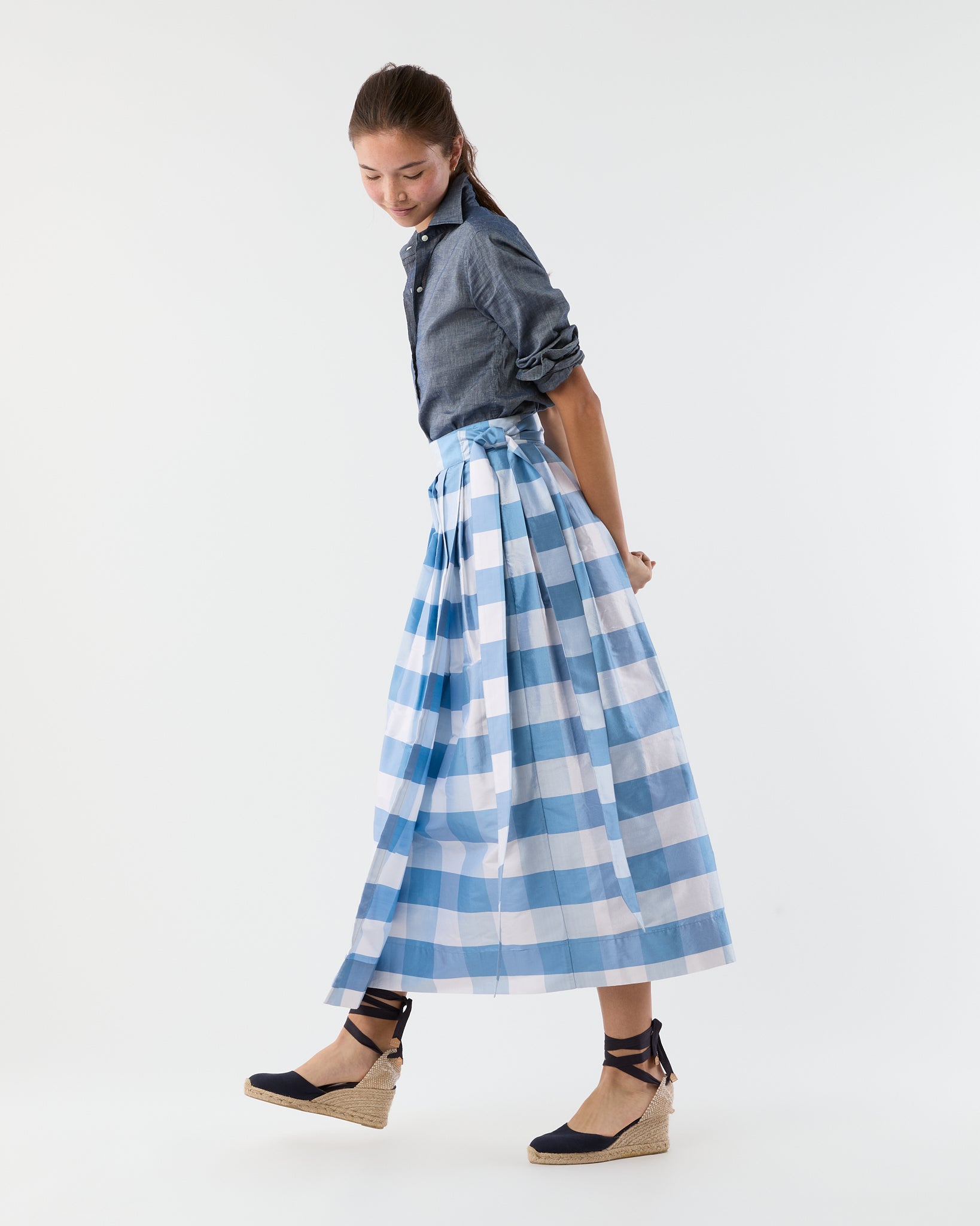 Pleated Wrap Midi Skirt in Periwinkle Large Gingham Silk Shantung