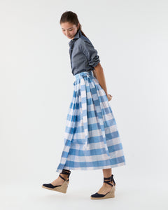 Pleated Wrap Midi Skirt in Periwinkle Large Gingham Silk Shantung