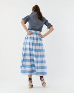 Load image into Gallery viewer, Pleated Wrap Midi Skirt in Periwinkle Large Gingham Silk Shantung
