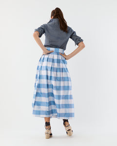 Pleated Wrap Midi Skirt in Periwinkle Large Gingham Silk Shantung