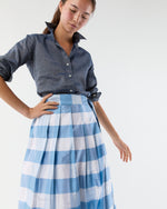 Load image into Gallery viewer, Pleated Wrap Midi Skirt in Periwinkle Large Gingham Silk Shantung
