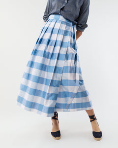 Pleated Wrap Midi Skirt in Periwinkle Large Gingham Silk Shantung
