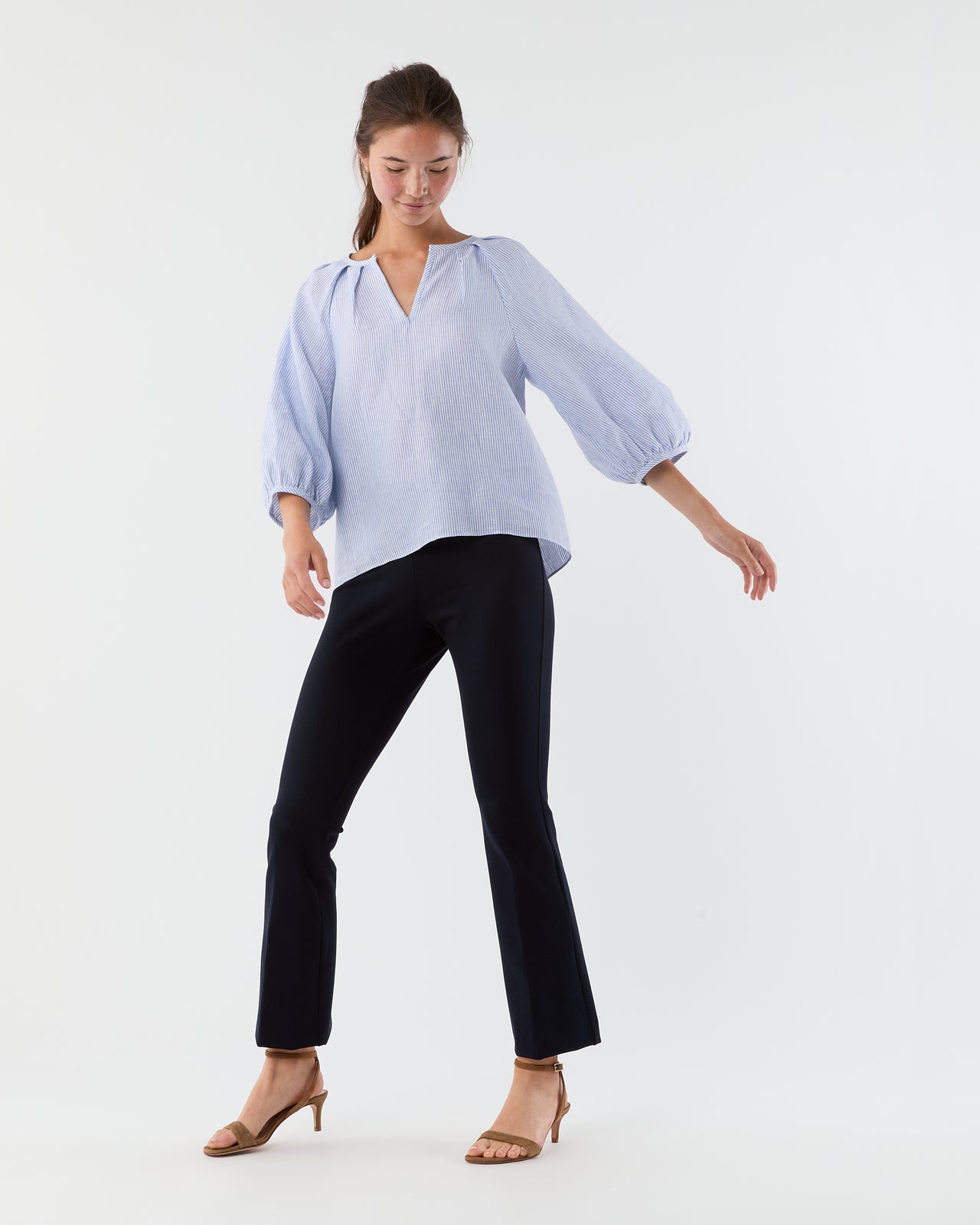 Victoria Blouse in Sky/White Small Bengal Stripe Linen