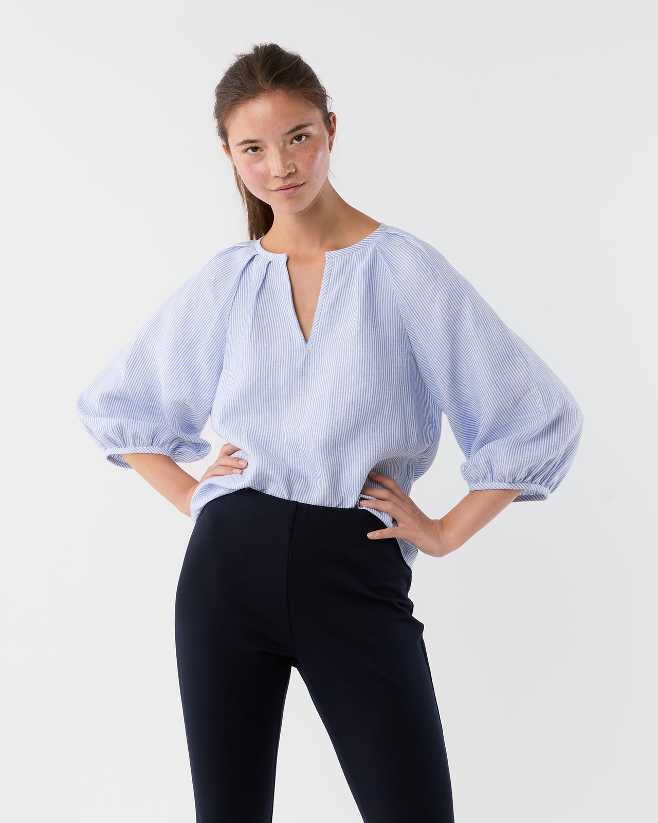 Victoria Blouse in Sky/White Small Bengal Stripe Linen