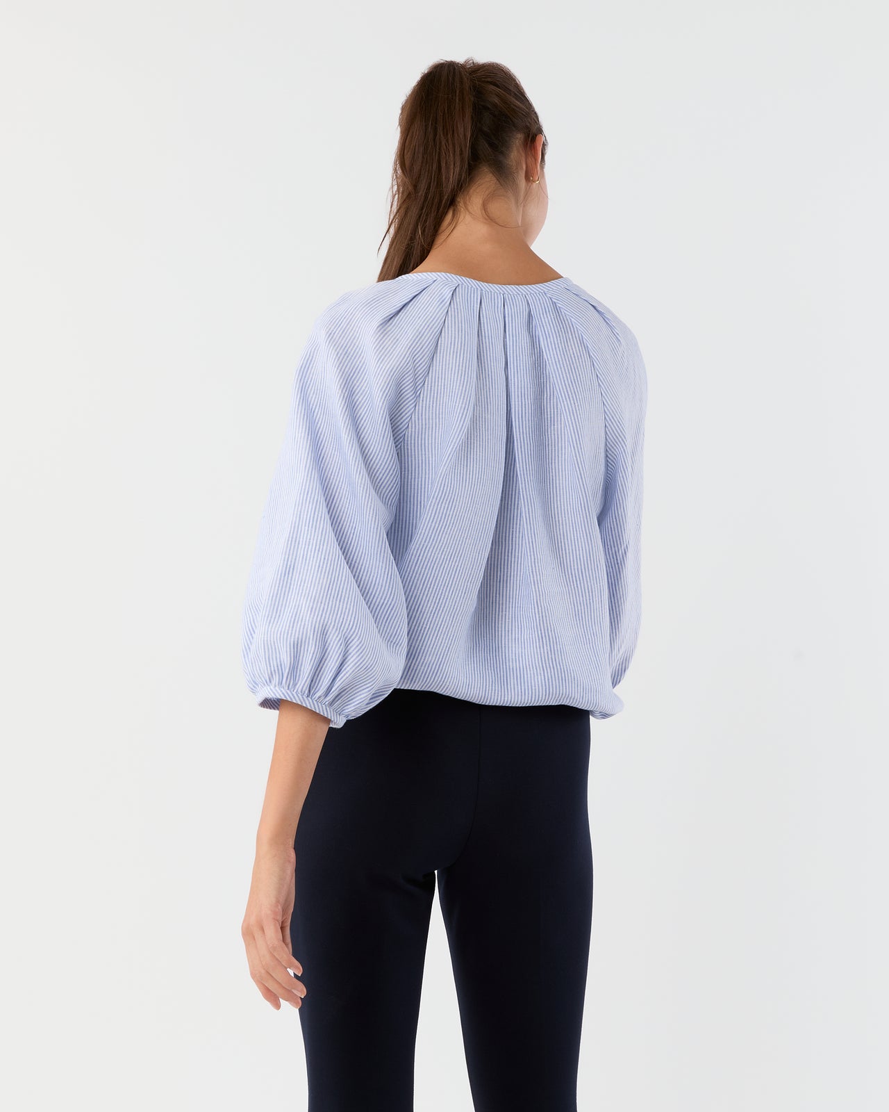 Victoria Blouse in Sky/White Small Bengal Stripe Linen