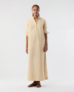 Load image into Gallery viewer, Mandarin Talitha Shirtdress in Gold/Ivory Balanced Stripe Poplin
