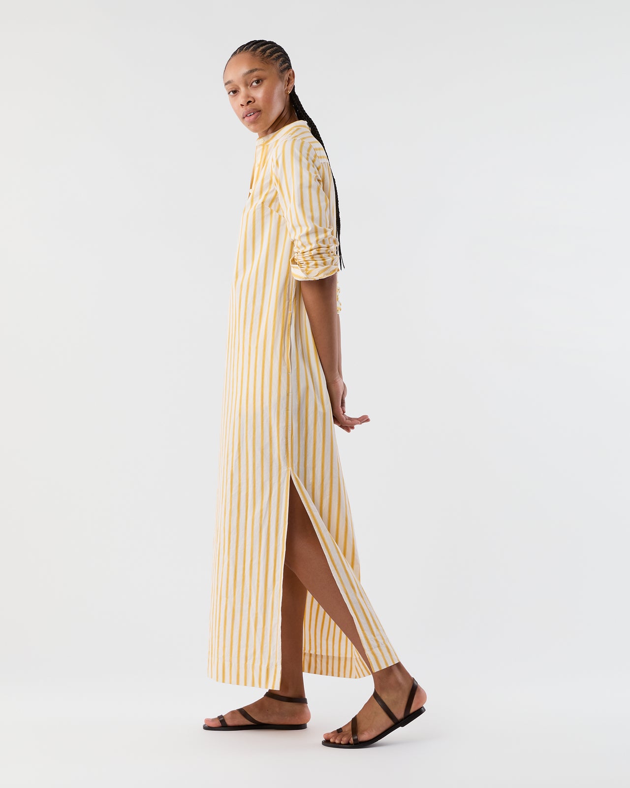 Mandarin Talitha Shirtdress in Gold/Ivory Balanced Stripe Poplin