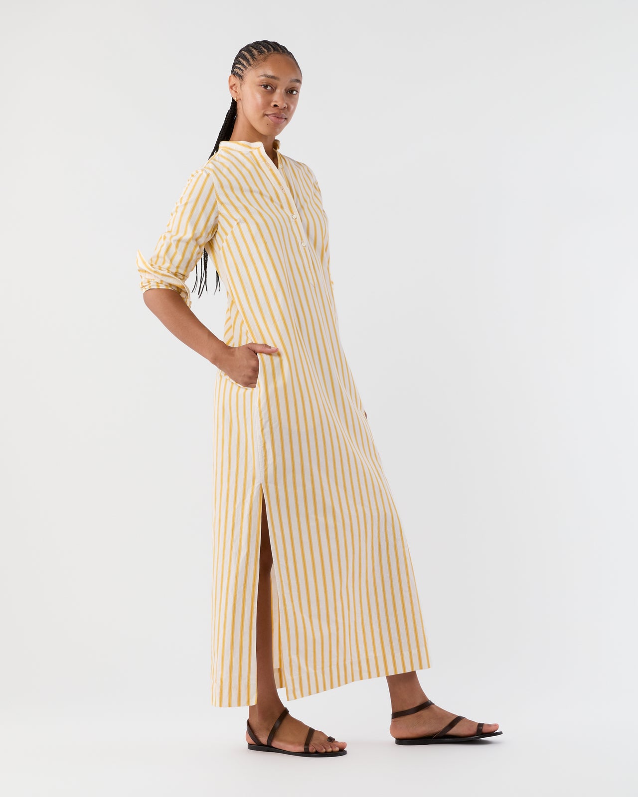 Mandarin Talitha Shirtdress in Gold/Ivory Balanced Stripe Poplin