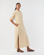 Load image into Gallery viewer, Mandarin Talitha Shirtdress in Gold/Ivory Balanced Stripe Poplin

