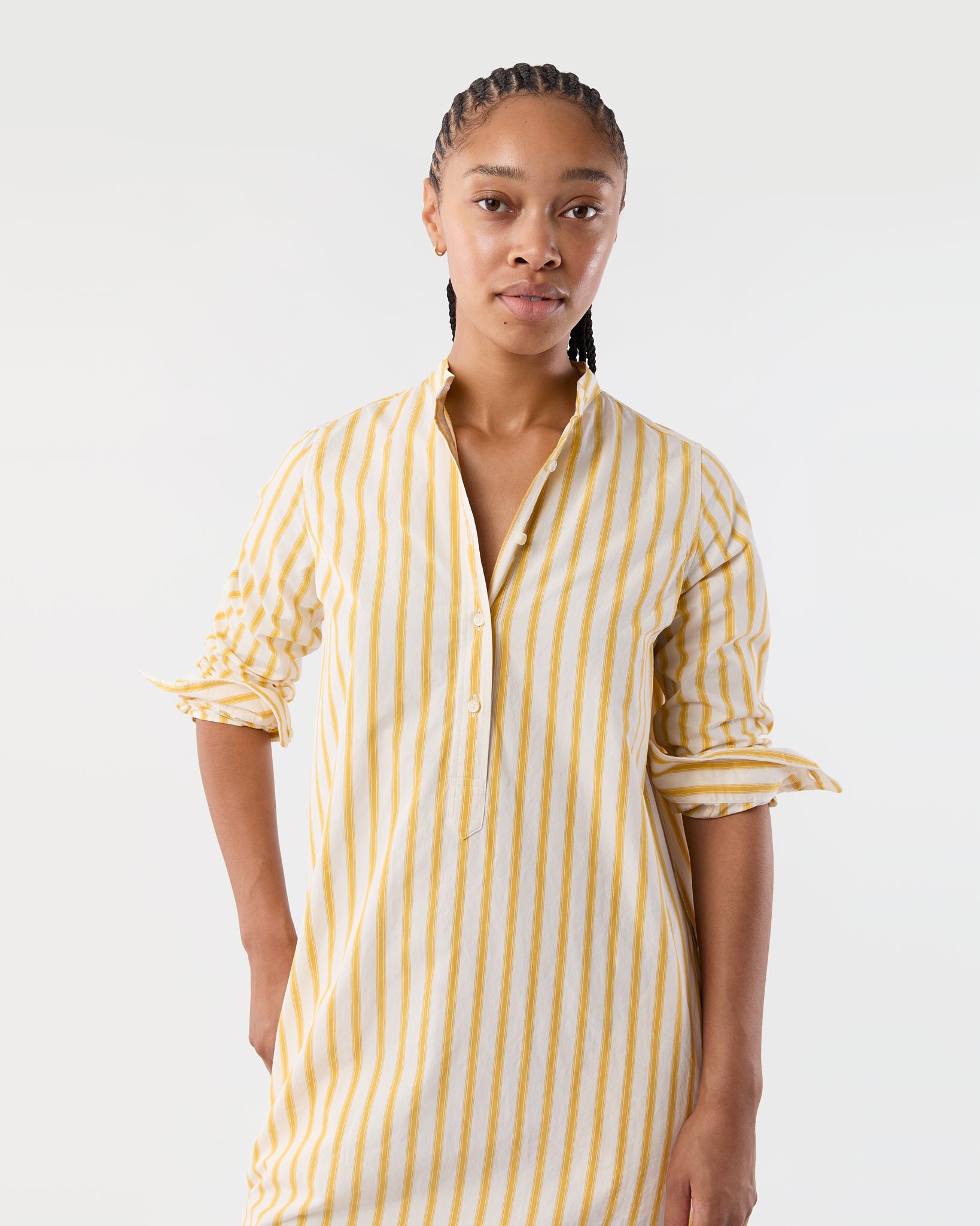 Mandarin Talitha Shirtdress in Gold/Ivory Balanced Stripe Poplin