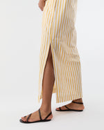 Load image into Gallery viewer, Mandarin Talitha Shirtdress in Gold/Ivory Balanced Stripe Poplin
