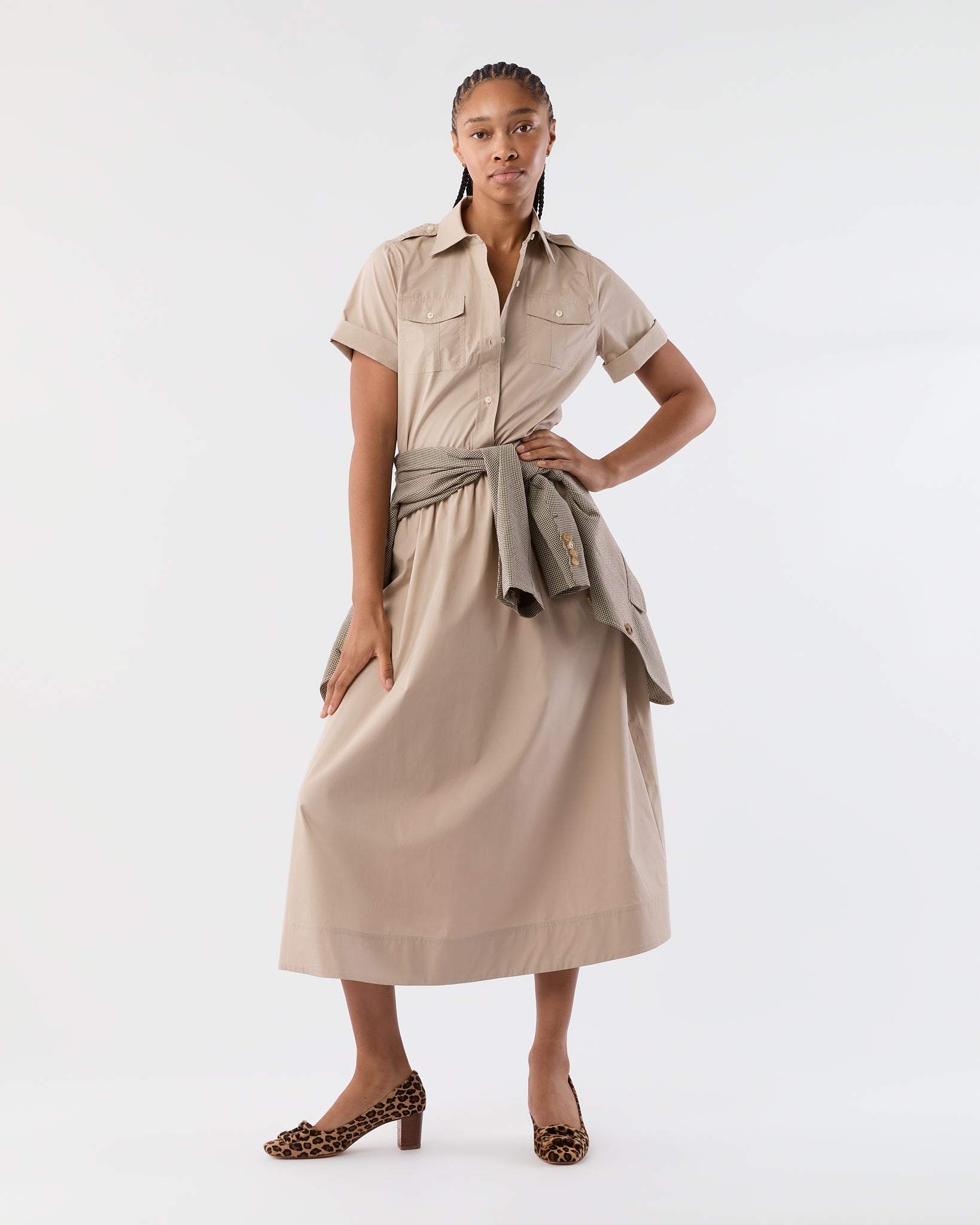 Short-Sleeved Safari Shirt in Stone Poplin