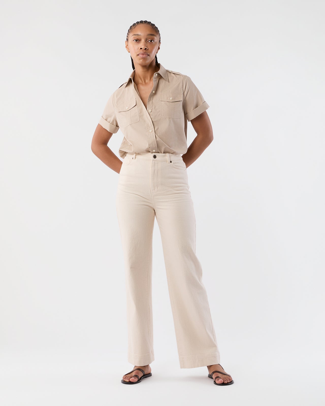 Short-Sleeved Safari Shirt in Stone Poplin