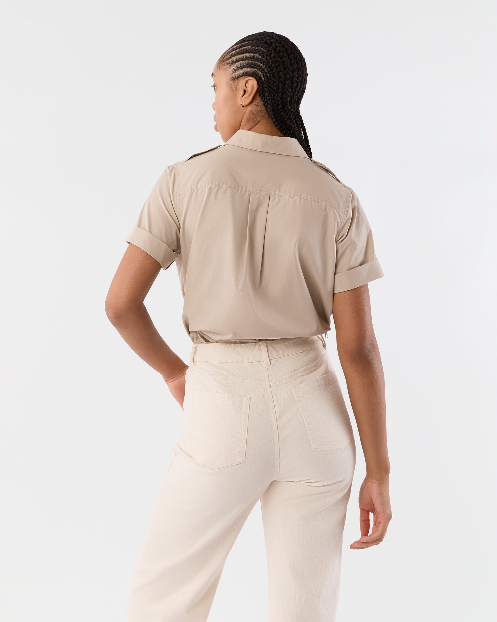 Short-Sleeved Safari Shirt in Stone Poplin