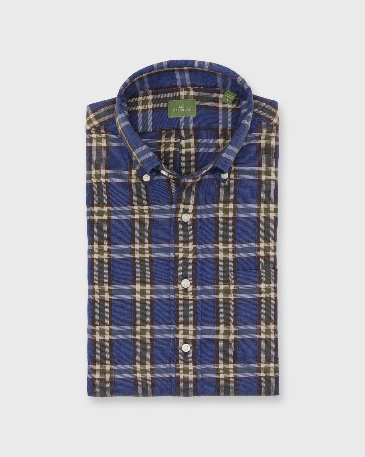 Button-Down Sport Shirt in Blue/Olive/Brown Plaid Brushed Twill
