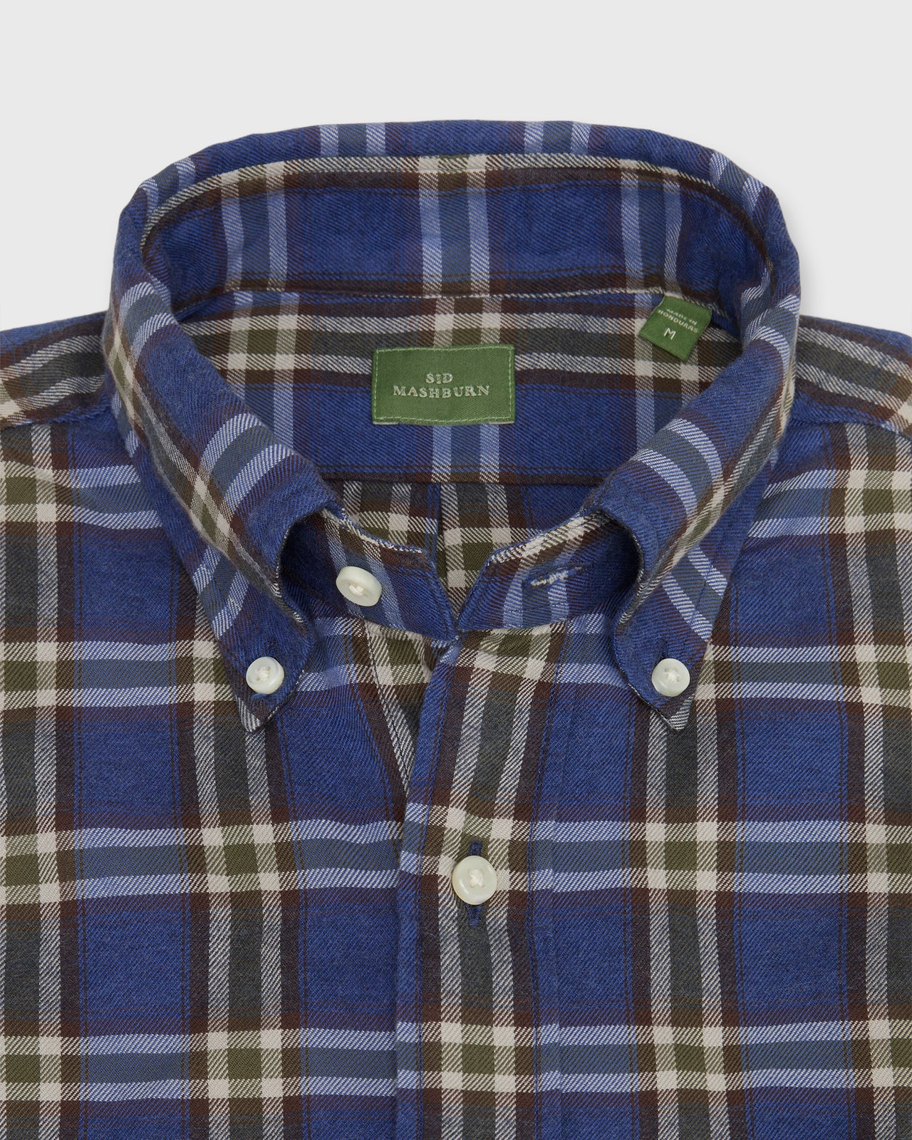 Button-Down Sport Shirt in Blue/Olive/Brown Plaid Brushed Twill