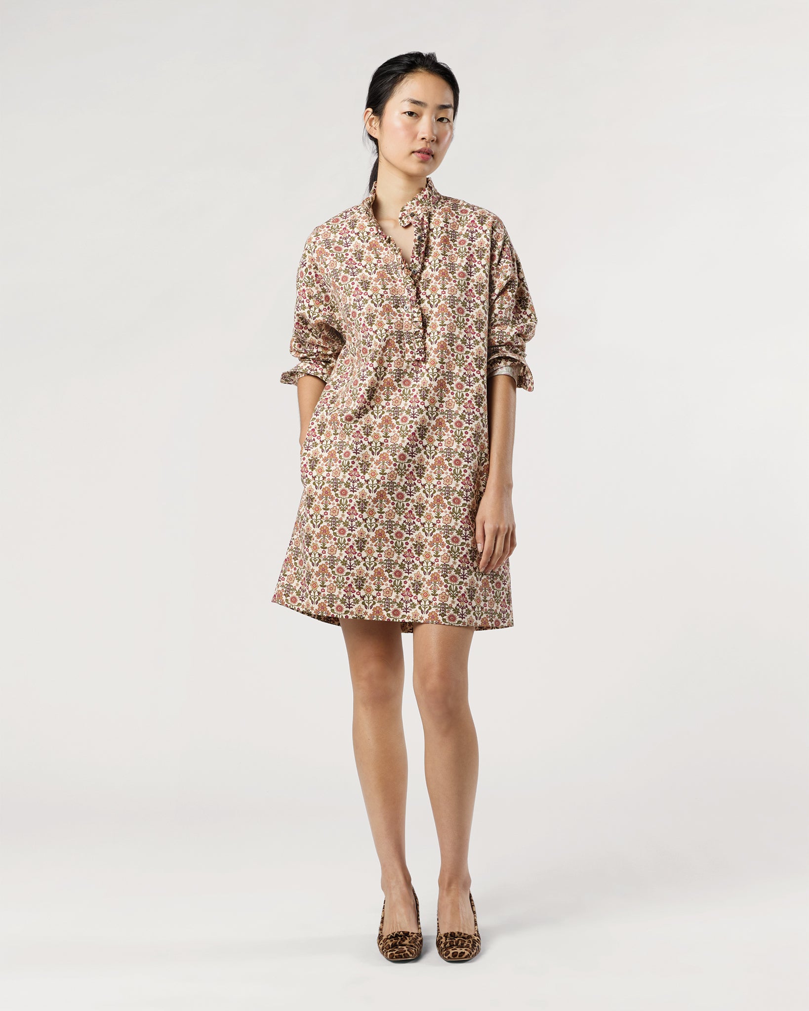 Nicky Popover Shirtdress in Ivory/Olive Marlow Liberty Fabric Cotton/Wool Twill