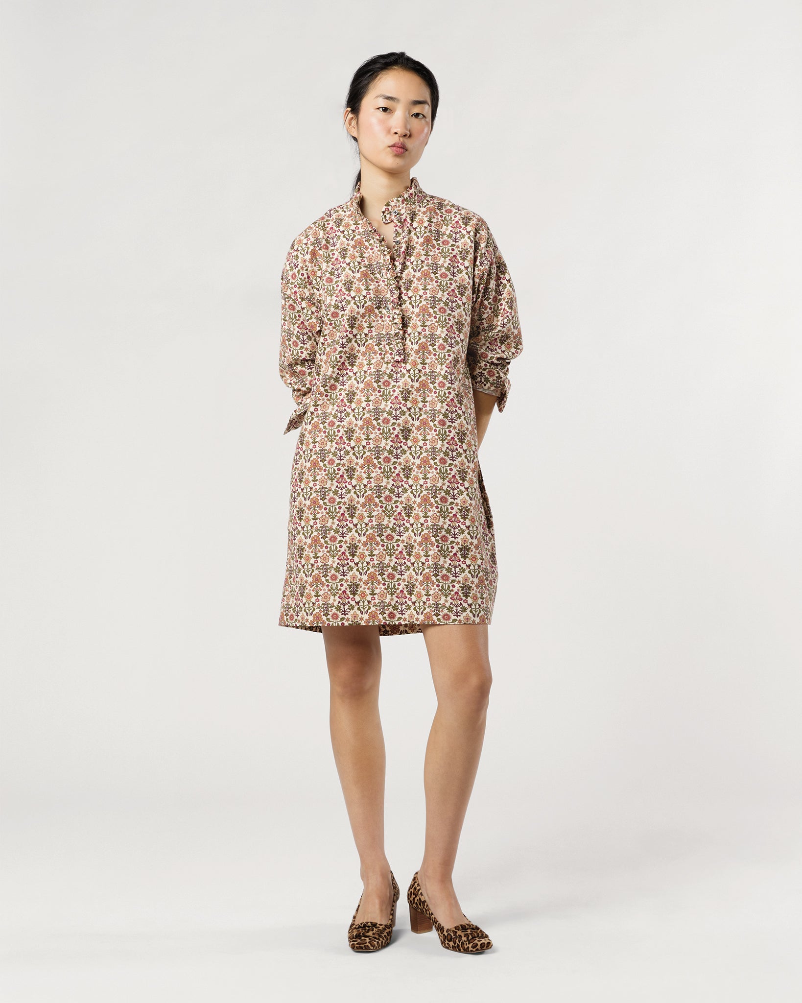 Nicky Popover Shirtdress in Ivory/Olive Marlow Liberty Fabric Cotton/Wool Twill