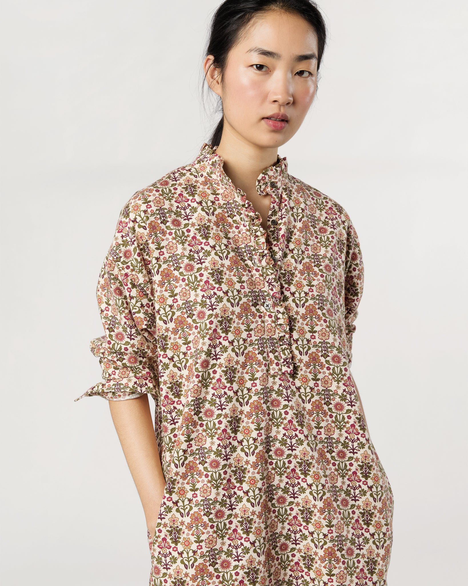 Nicky Popover Shirtdress in Ivory/Olive Marlow Liberty Fabric Cotton/Wool Twill