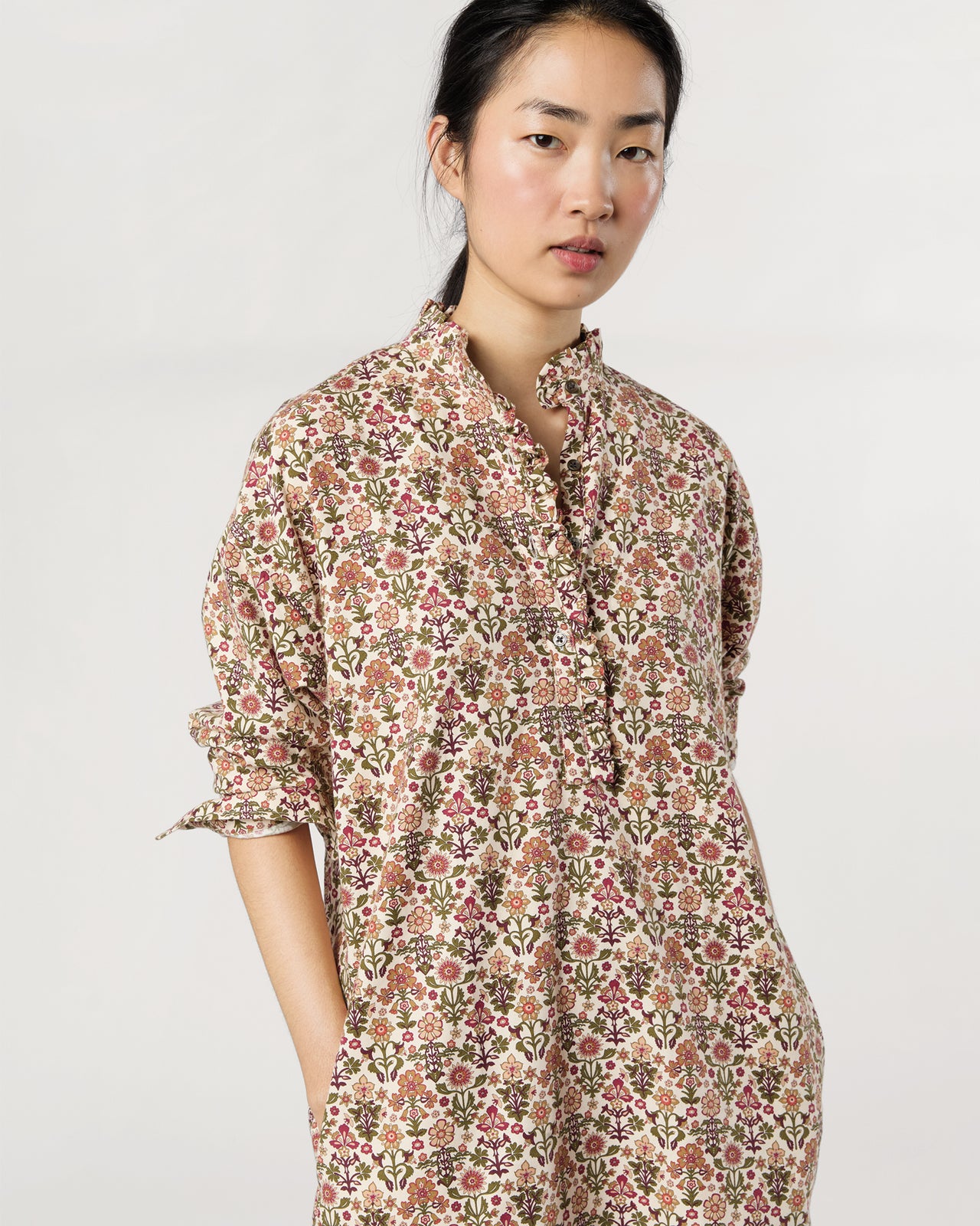 Nicky Popover Shirtdress in Ivory/Olive Marlow Liberty Fabric Cotton/Wool Twill