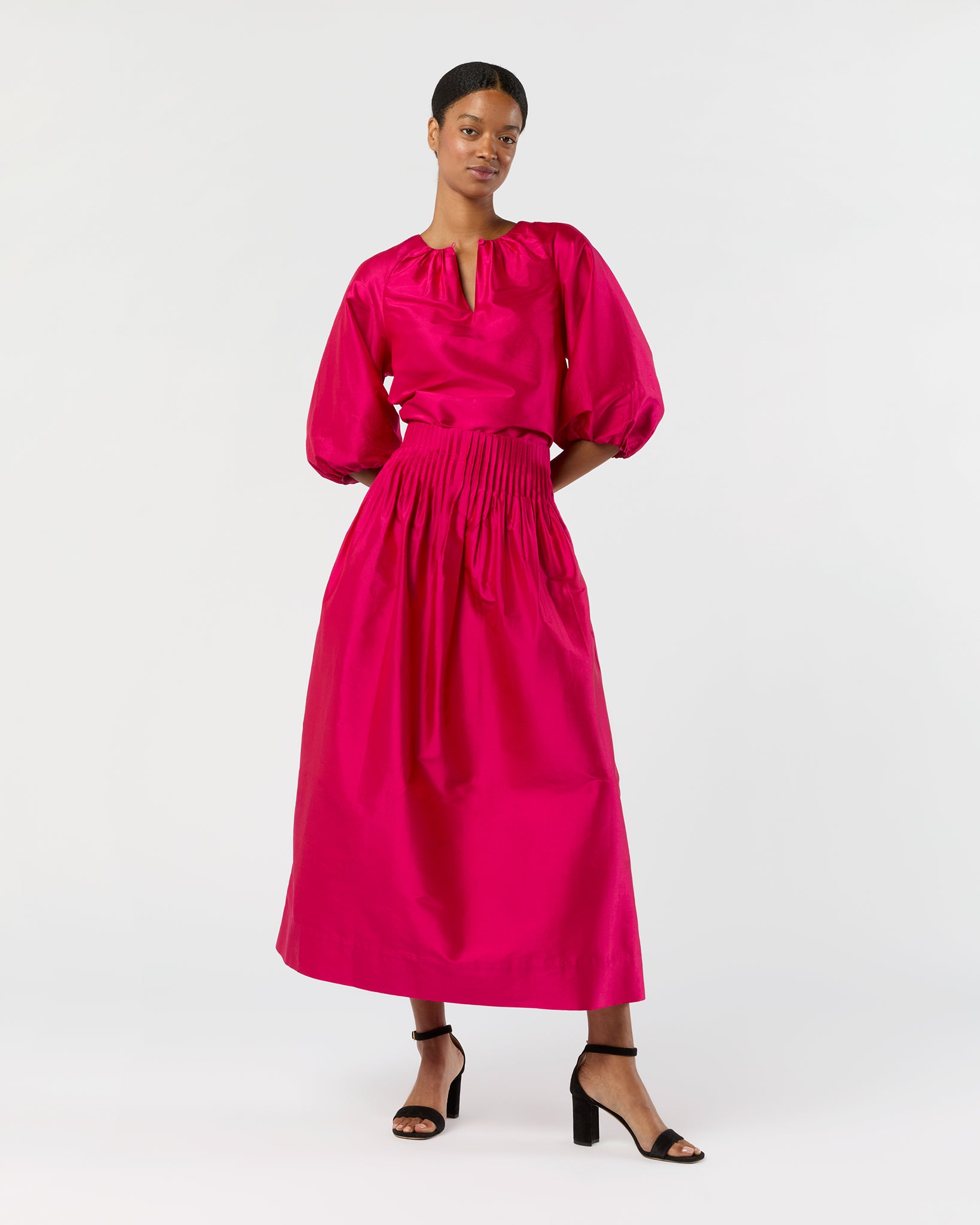 Adah Pintuck Skirt in Fuchsia Silk Shantung