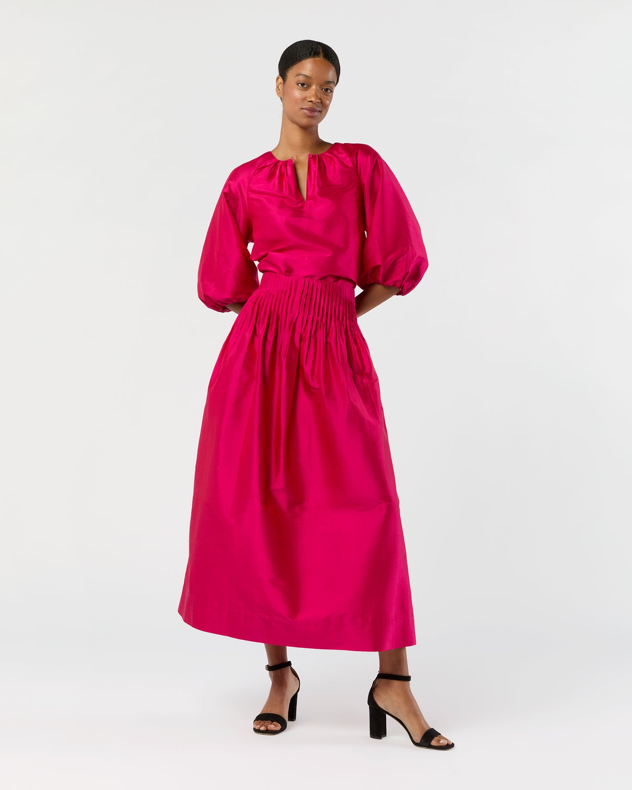 Adah Pintuck Skirt in Fuchsia Silk Shantung