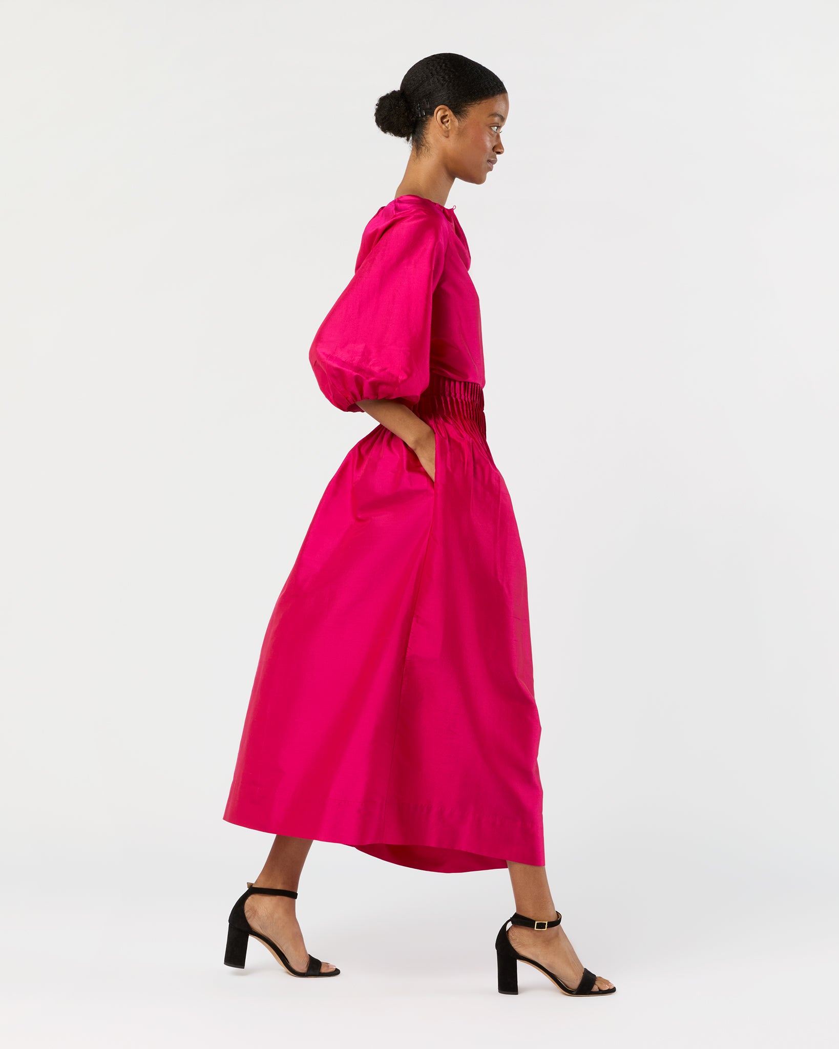 Adah Pintuck Skirt in Fuchsia Silk Shantung