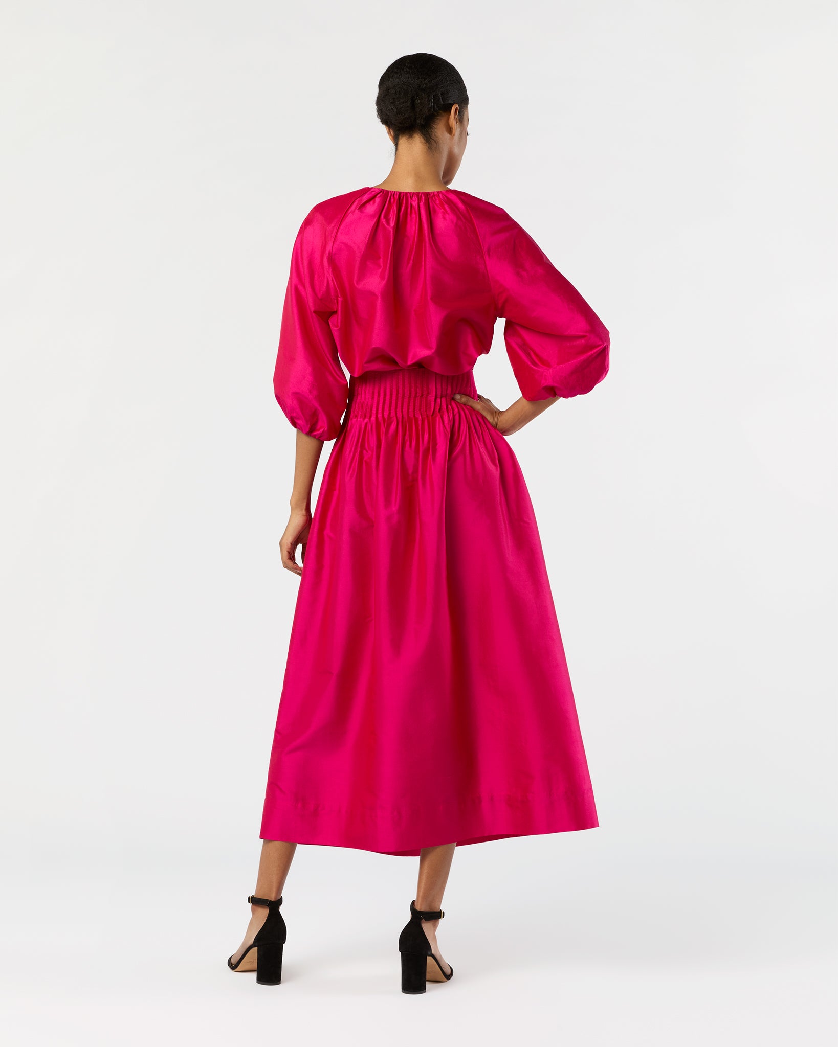 Adah Pintuck Skirt in Fuchsia Silk Shantung