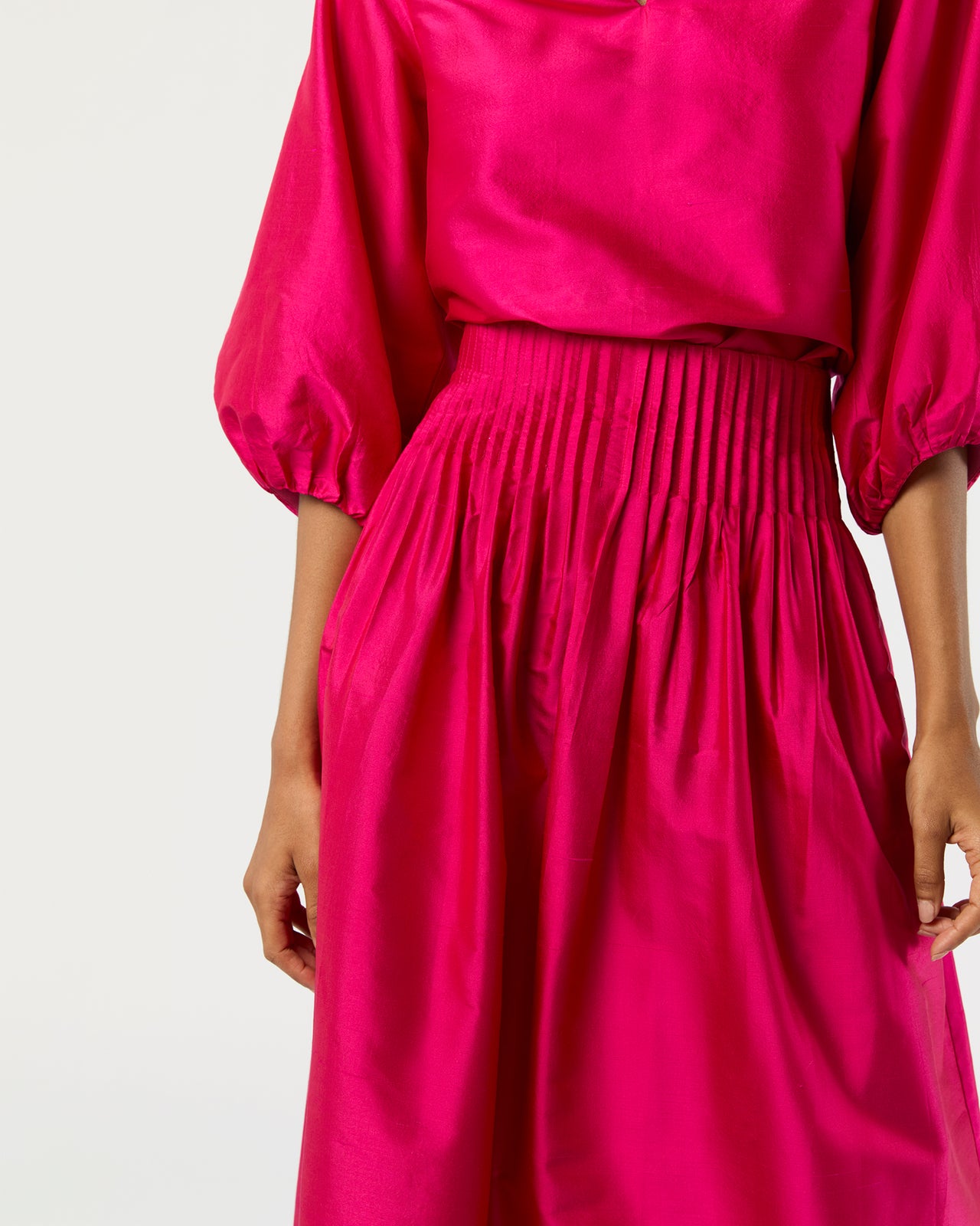 Adah Pintuck Skirt in Fuchsia Silk Shantung