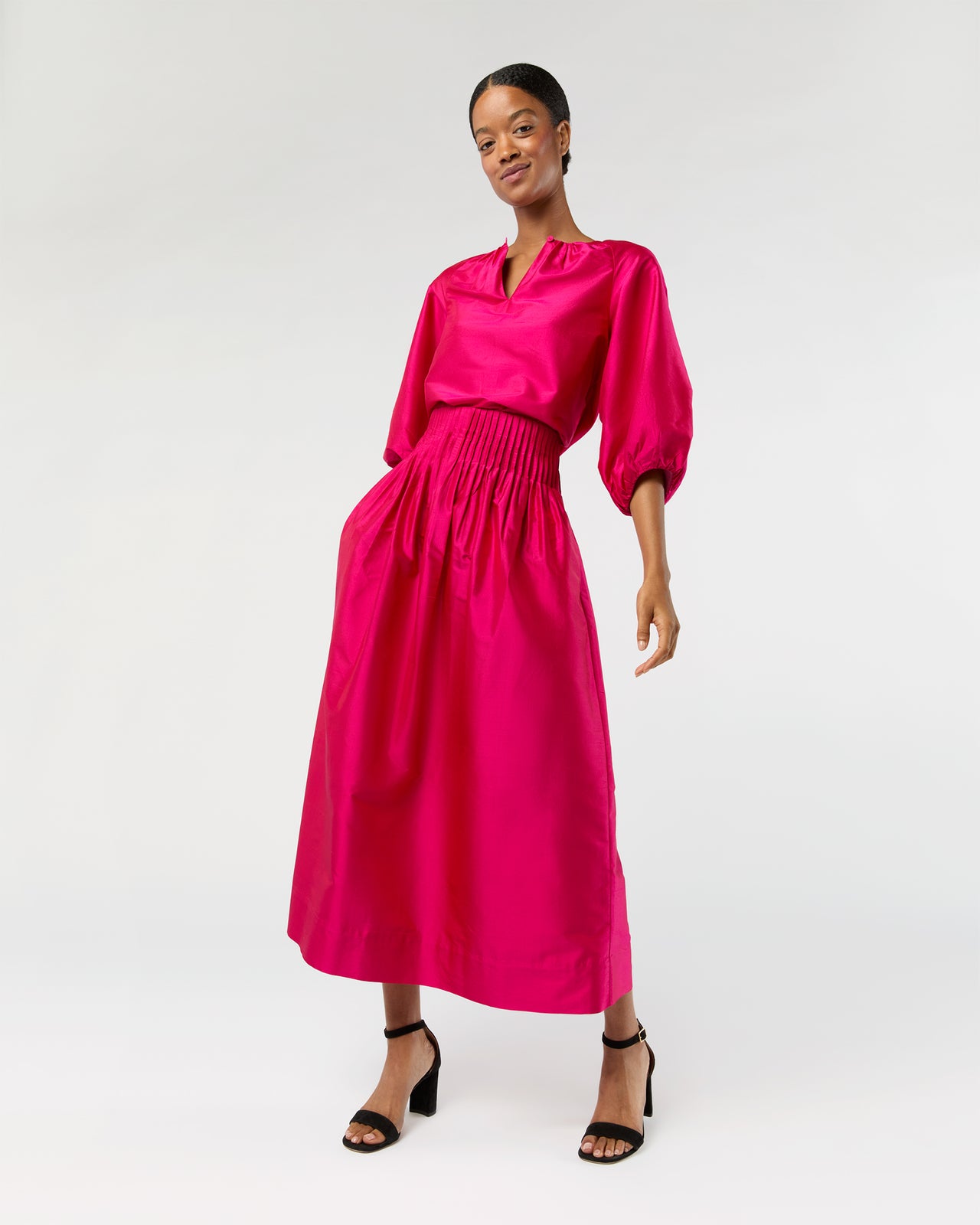 Adah Pintuck Skirt in Fuchsia Silk Shantung