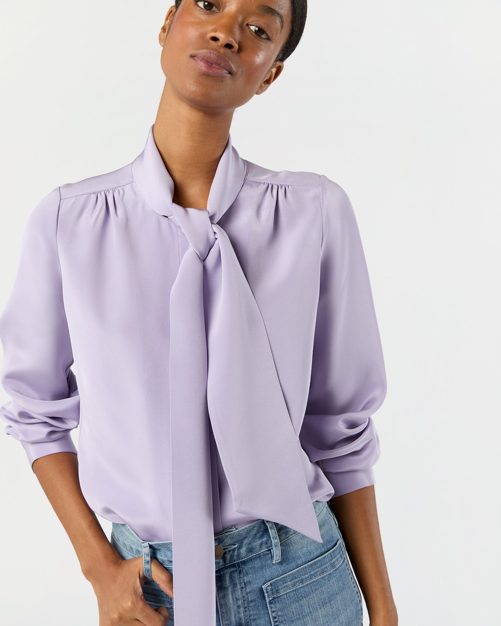 Tie-Neck Blouse in Lavender Silk Crepe de Chine