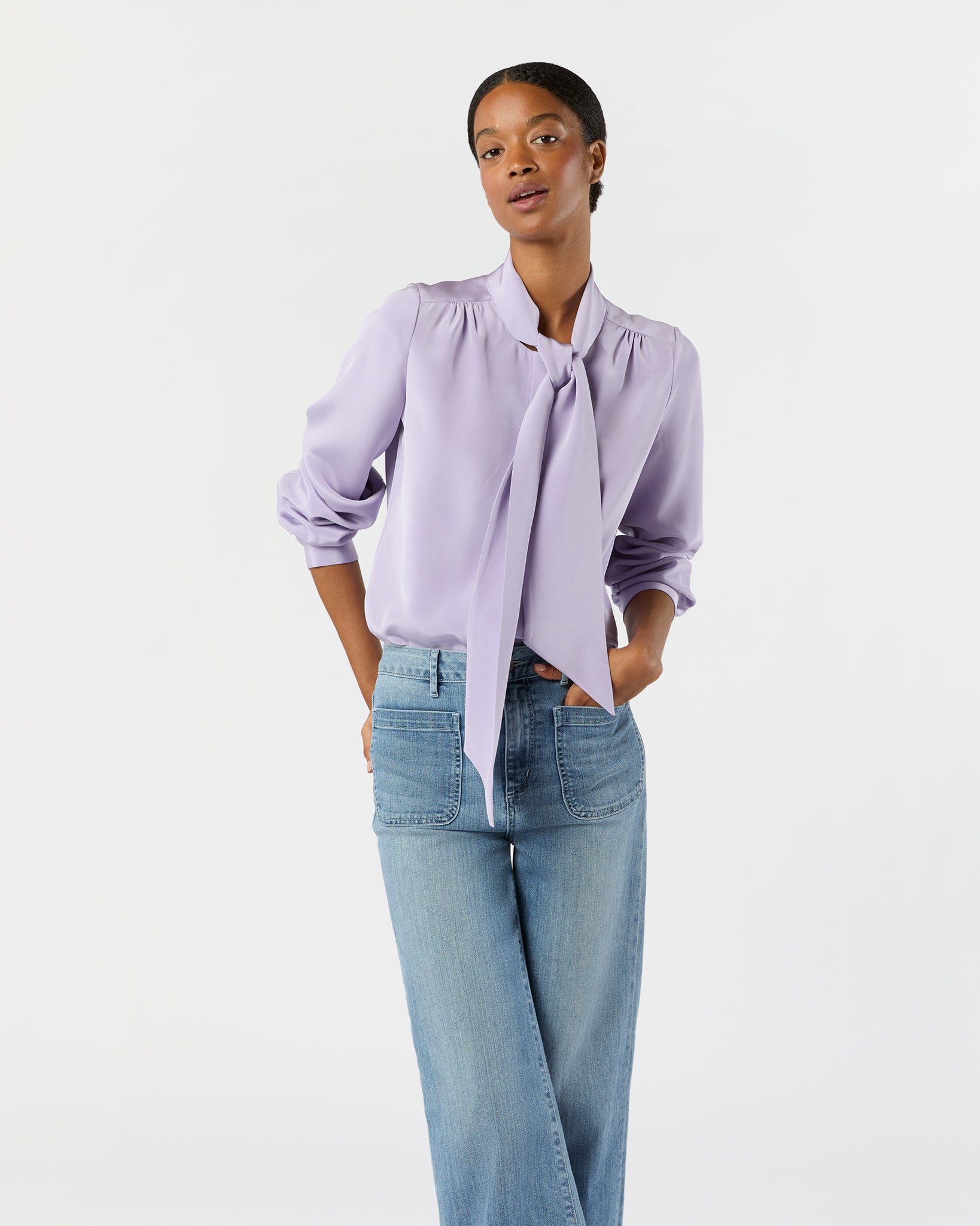 Tie-Neck Blouse in Lavender Silk Crepe de Chine