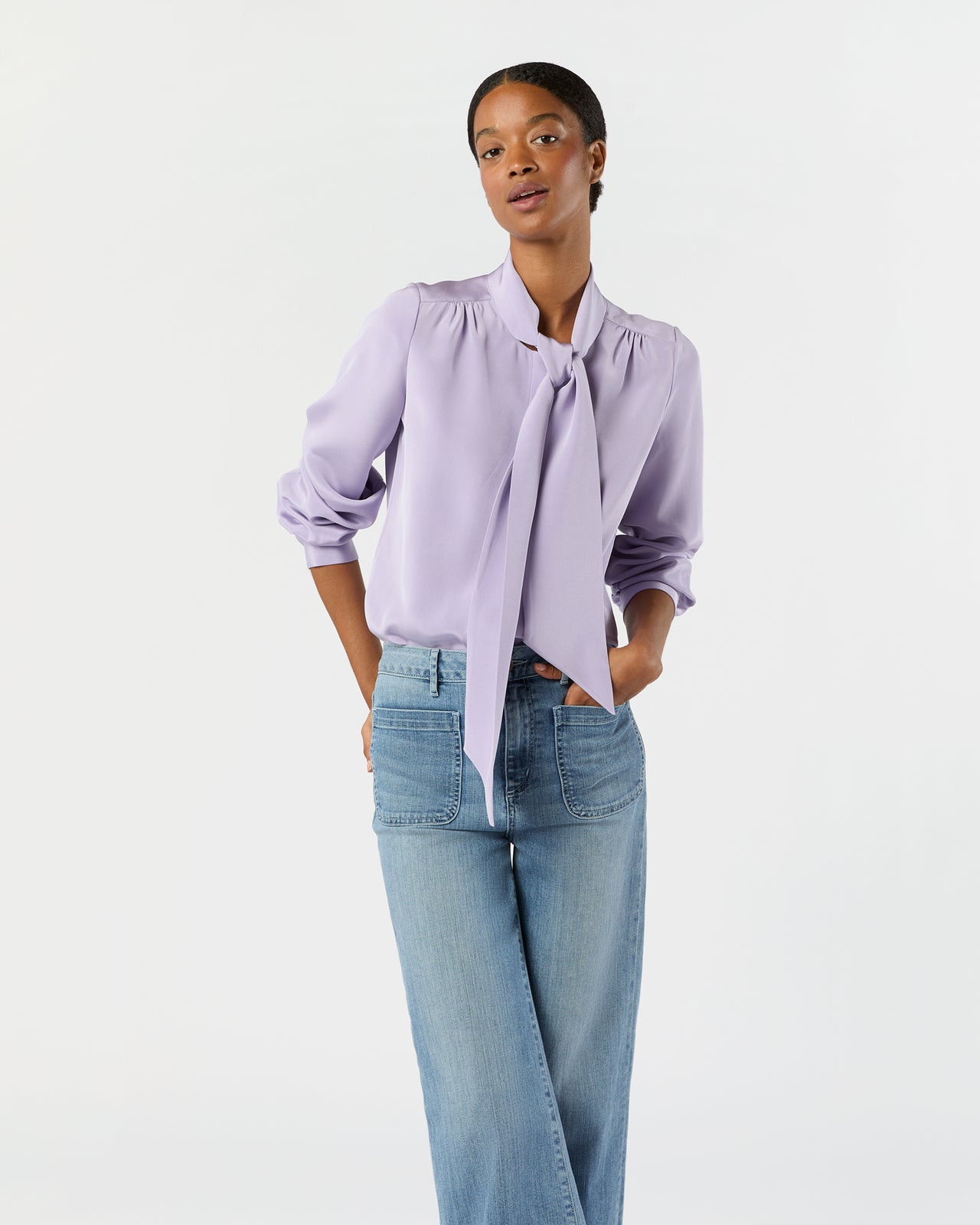 Tie-Neck Blouse in Lavender Silk Crepe de Chine