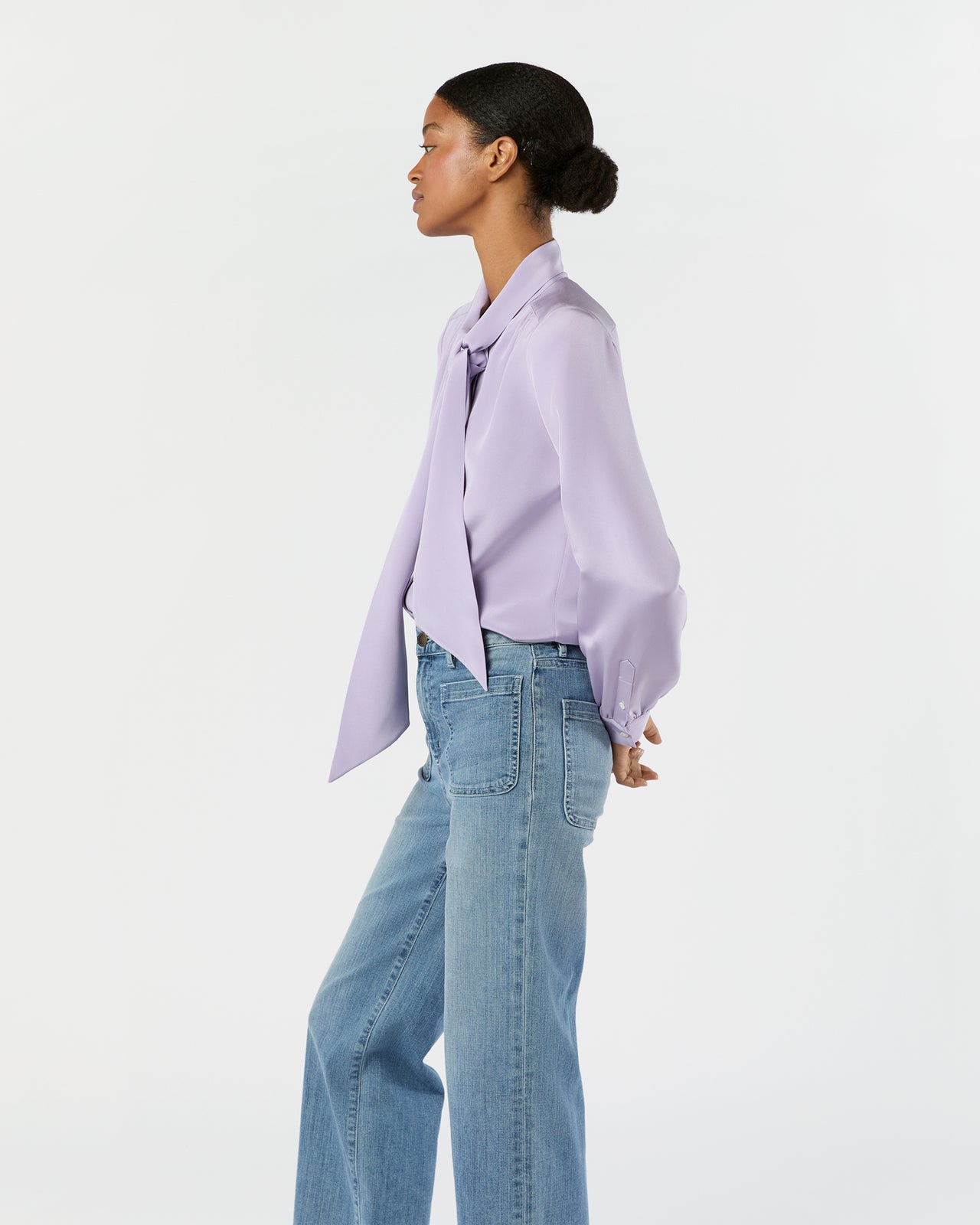 Tie-Neck Blouse in Lavender Silk Crepe de Chine