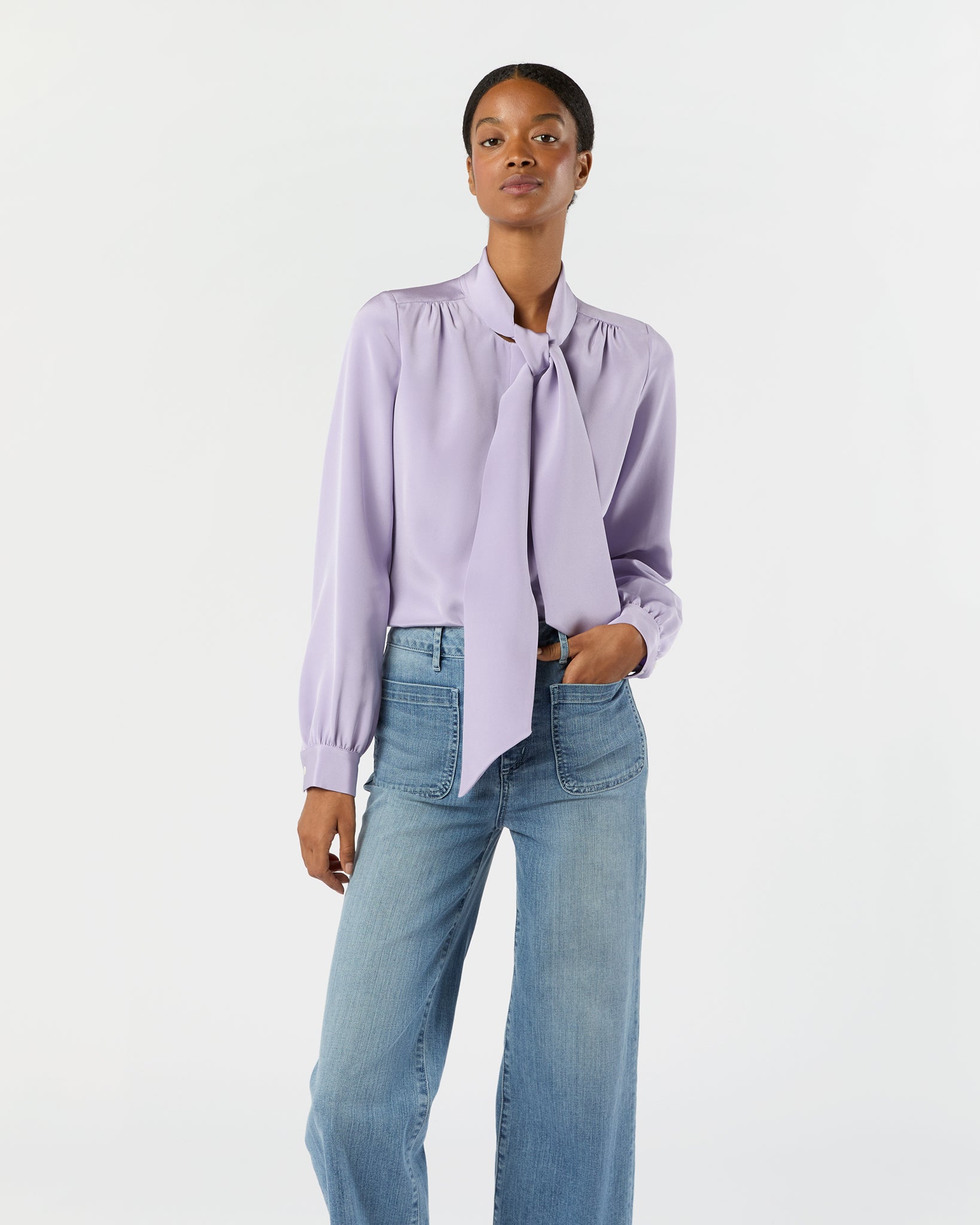 Tie-Neck Blouse in Lavender Silk Crepe de Chine