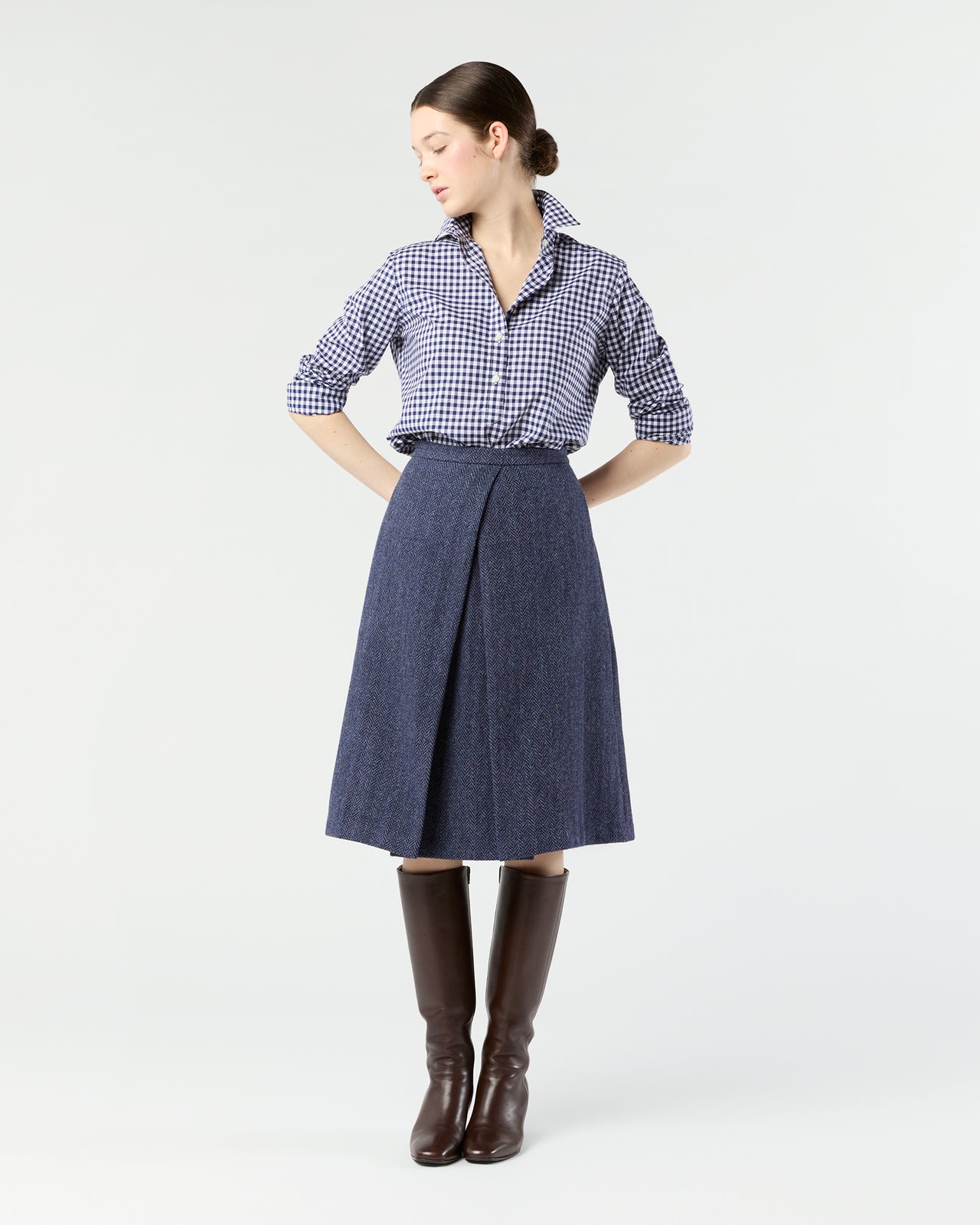 Preston Skirt in Eggplant Herringbone Harris Tweed