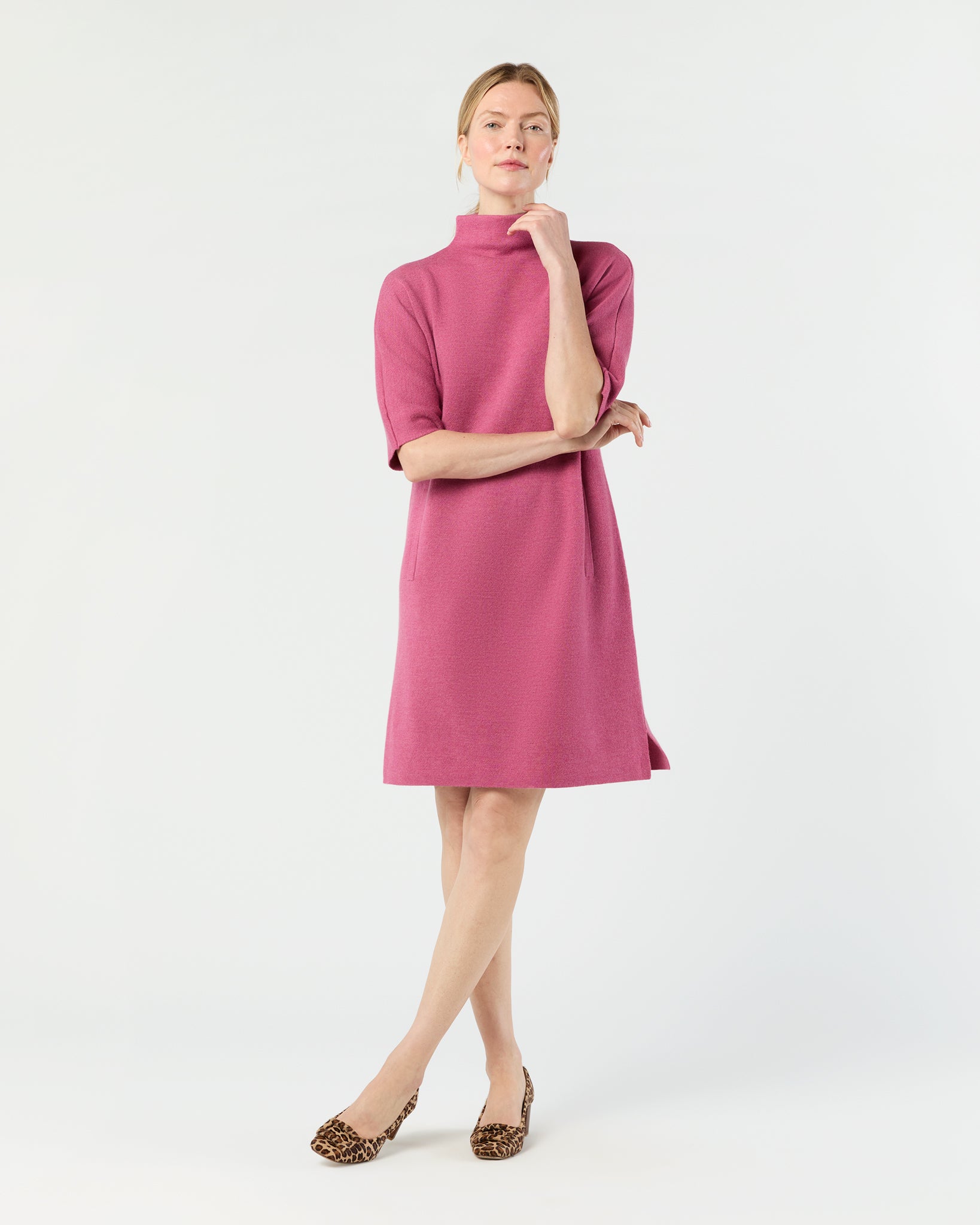 Rowan Short-Sleeved Funnel-Neck Dress in Heather Pink Extra Fine Merino Wool