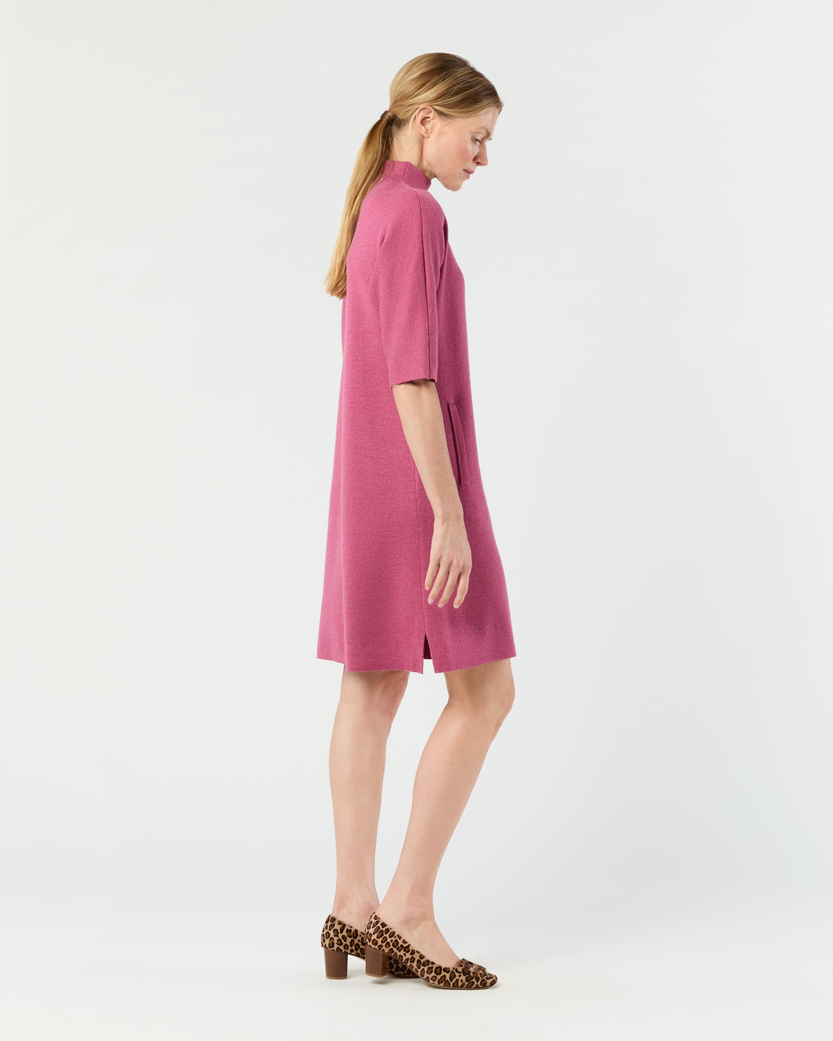 Rowan Short-Sleeved Funnel-Neck Dress in Heather Pink Extra Fine Merino Wool