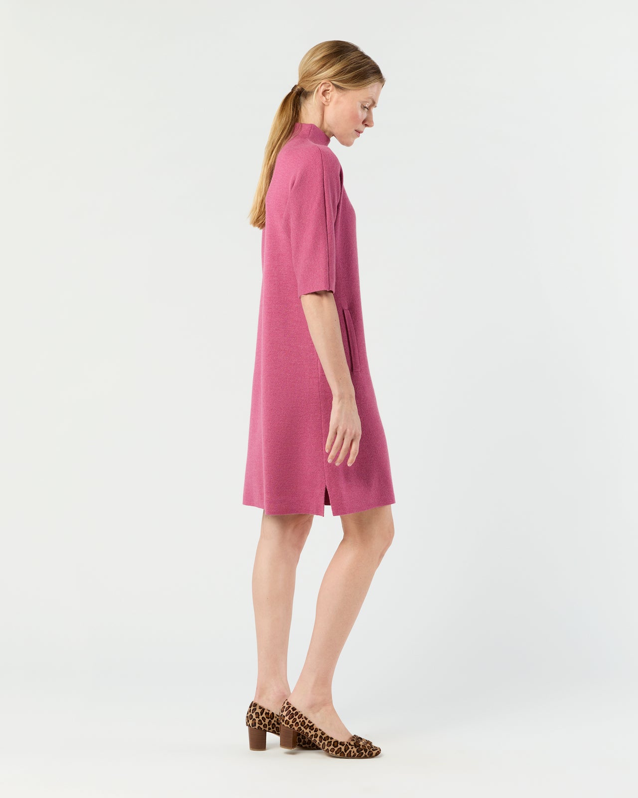 Rowan Short-Sleeved Funnel-Neck Dress in Heather Pink Extra Fine Merino Wool