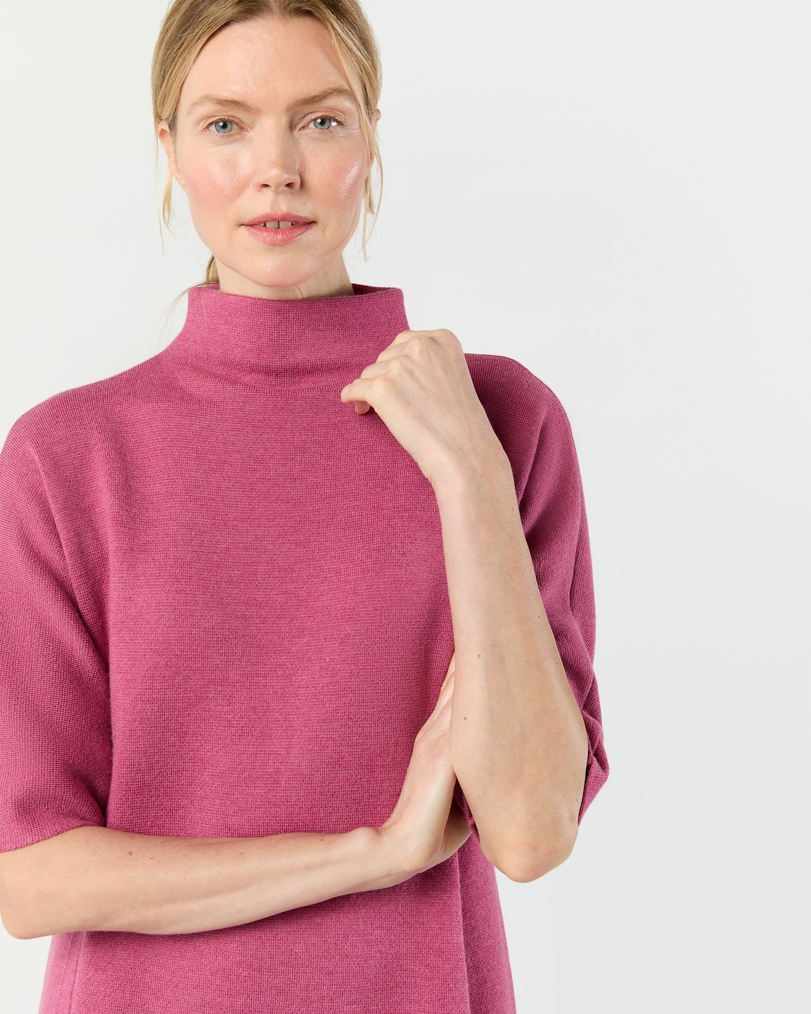 Rowan Short-Sleeved Funnel-Neck Dress in Heather Pink Extra Fine Merino Wool