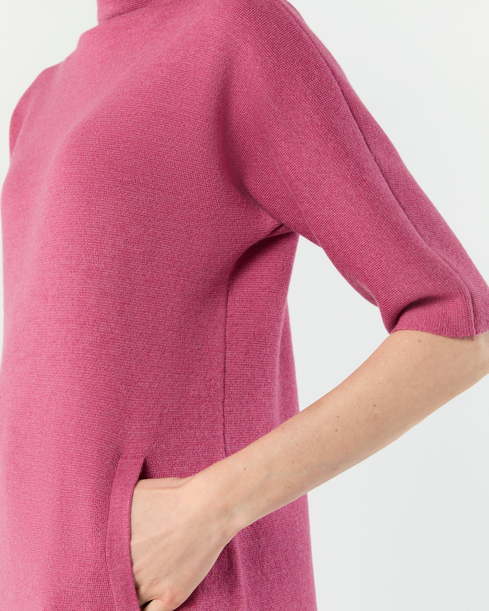 Rowan Short-Sleeved Funnel-Neck Dress in Heather Pink Extra Fine Merino Wool