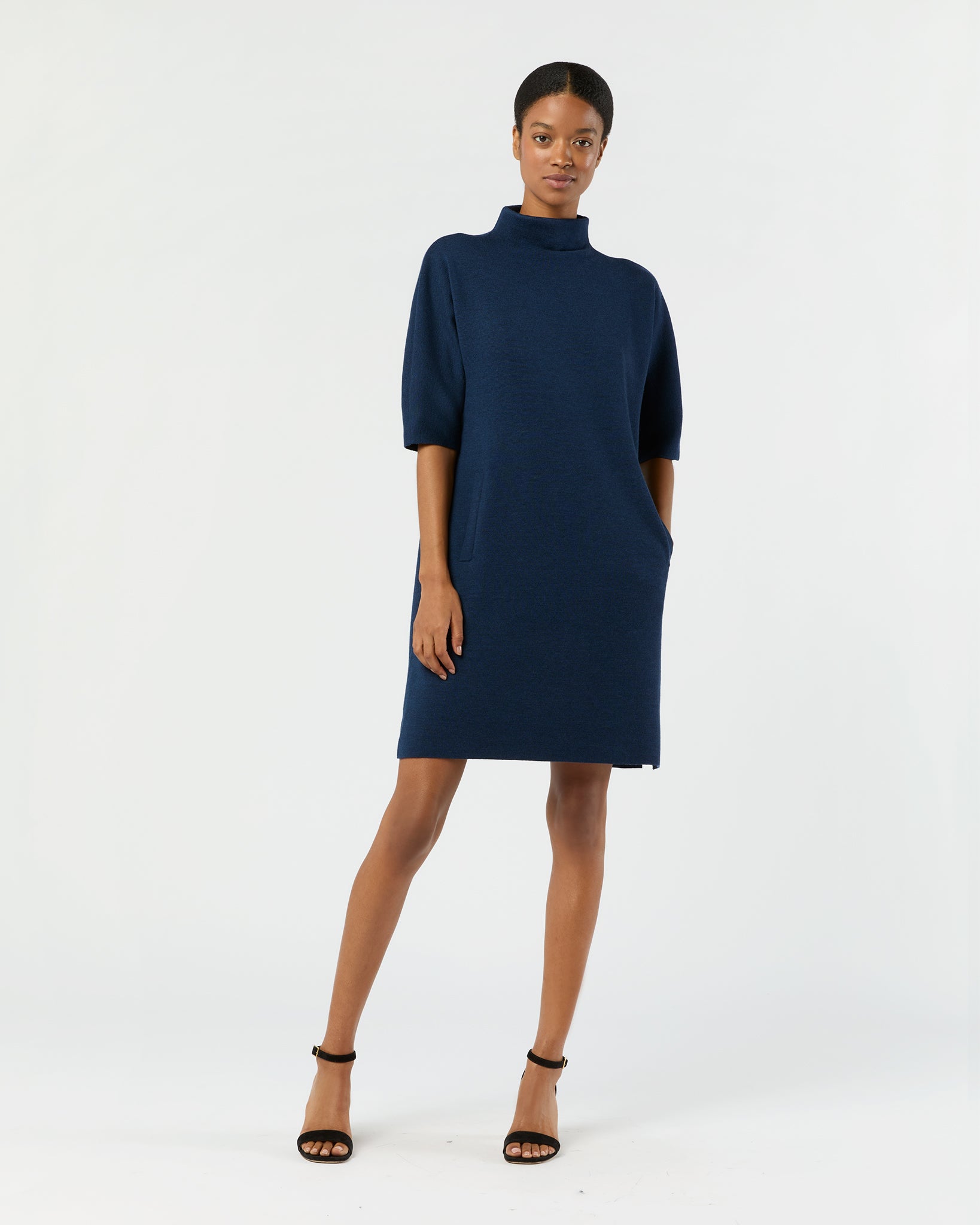 Rowan Short-Sleeved Funnel-Neck Dress in Heather Navy Extra Fine Merino Wool