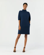 Load image into Gallery viewer, Rowan Short-Sleeved Funnel-Neck Dress in Heather Navy Extra Fine Merino Wool
