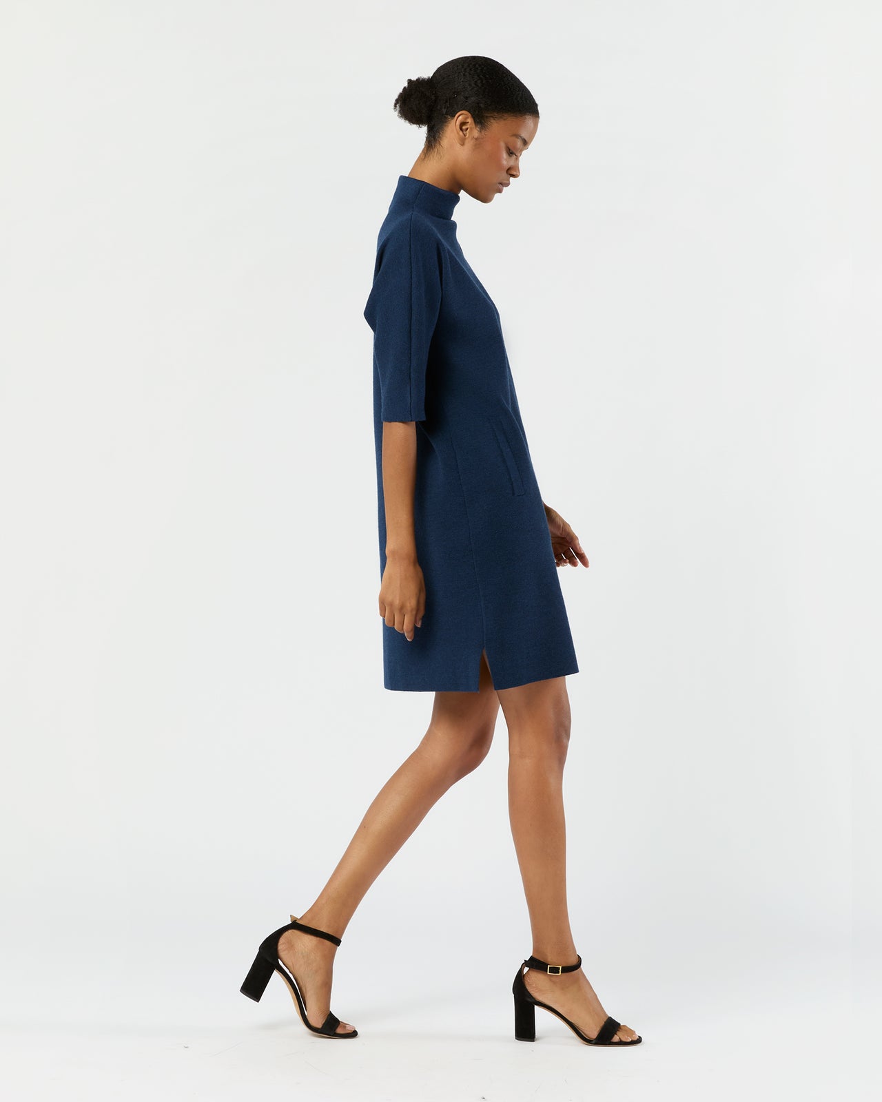 Rowan Short-Sleeved Funnel-Neck Dress in Heather Navy Extra Fine Merino Wool