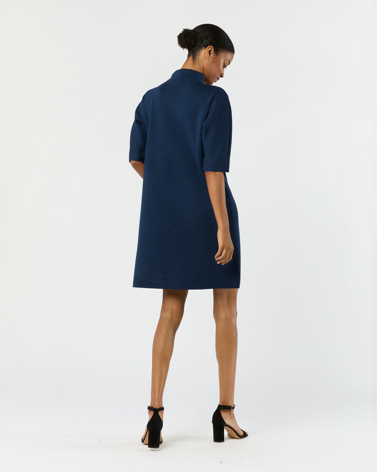 Rowan Short-Sleeved Funnel-Neck Dress in Heather Navy Extra Fine Merino Wool
