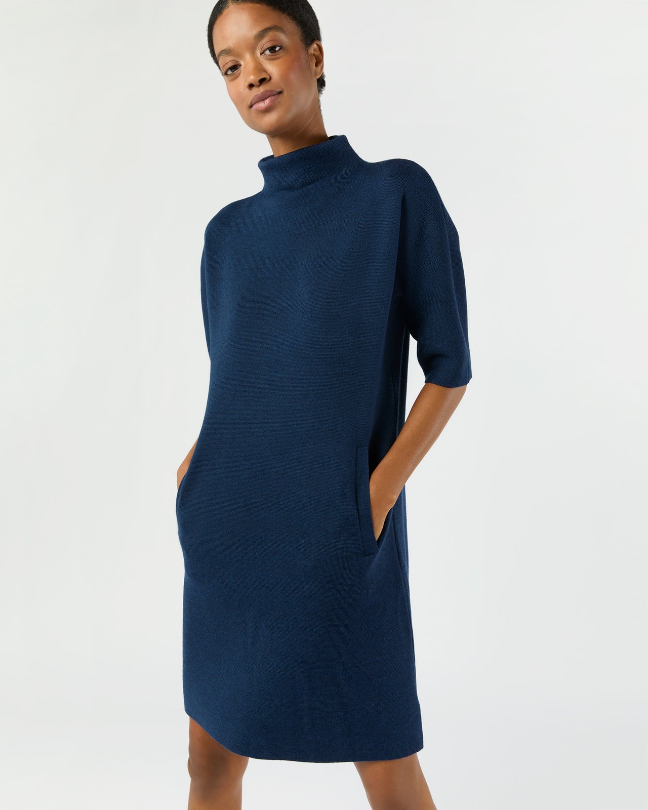 Rowan Short-Sleeved Funnel-Neck Dress in Heather Navy Extra Fine Merino Wool - XS by Ann Mashburn Rowan Short-Sleeved Funnel-Neck Dress in Heather Navy Extra Fine Merino Wool - XS by Ann Mashburn