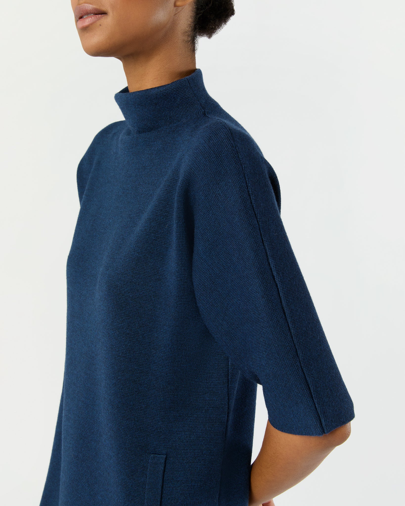 Rowan Short-Sleeved Funnel-Neck Dress in Heather Navy Extra Fine Merino Wool