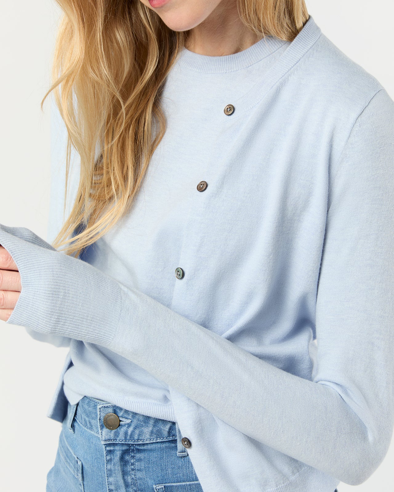 Rosie Cardigan in Heather Sky Cotton/Silk Yarn