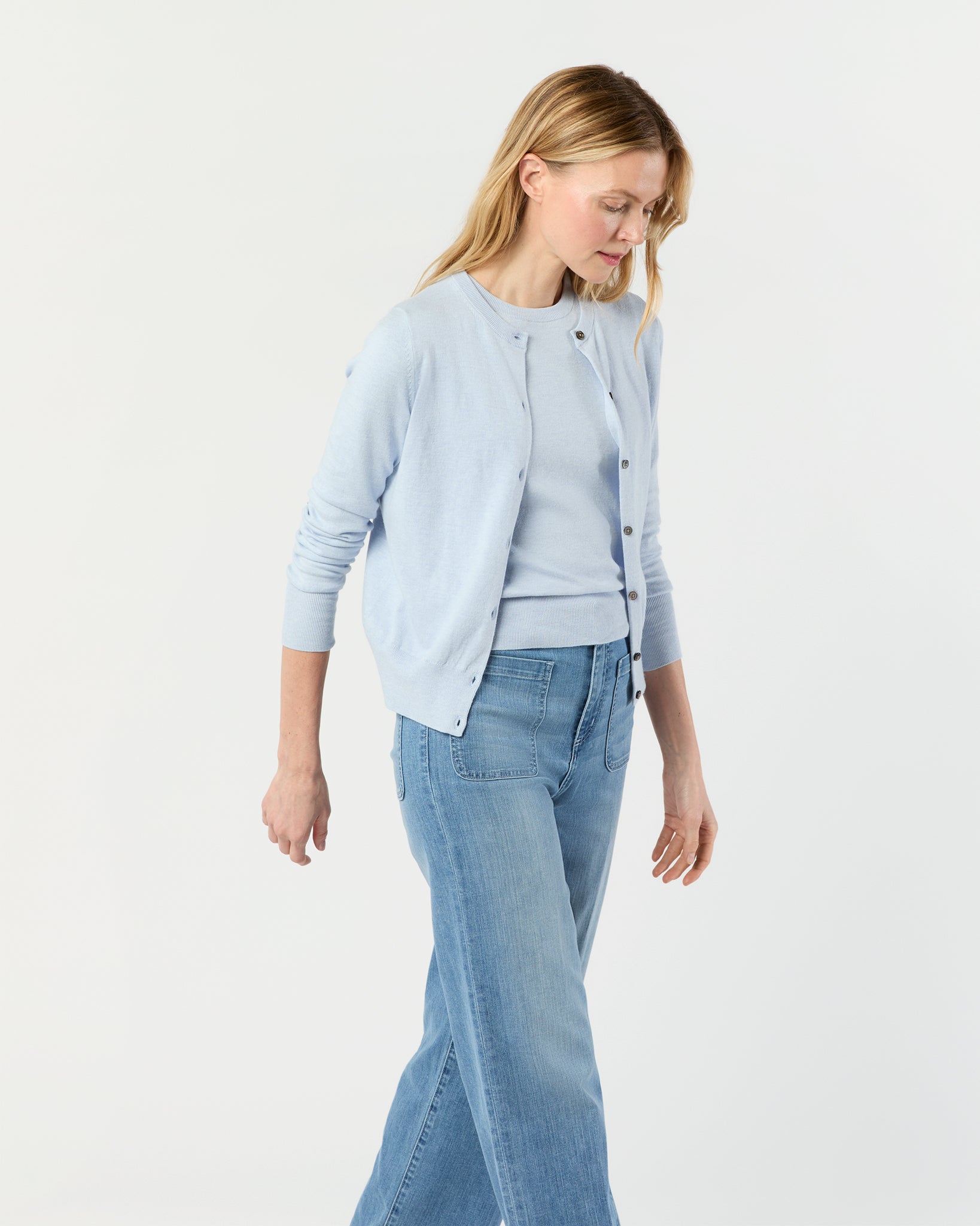 Rosie Cardigan in Heather Sky Cotton/Silk Yarn