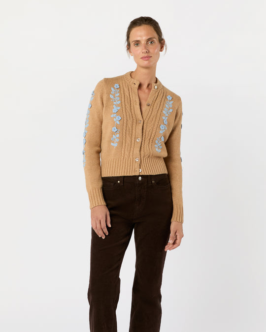 Ellen Cardigan in Camel/Misty Blue Wool/Cotton